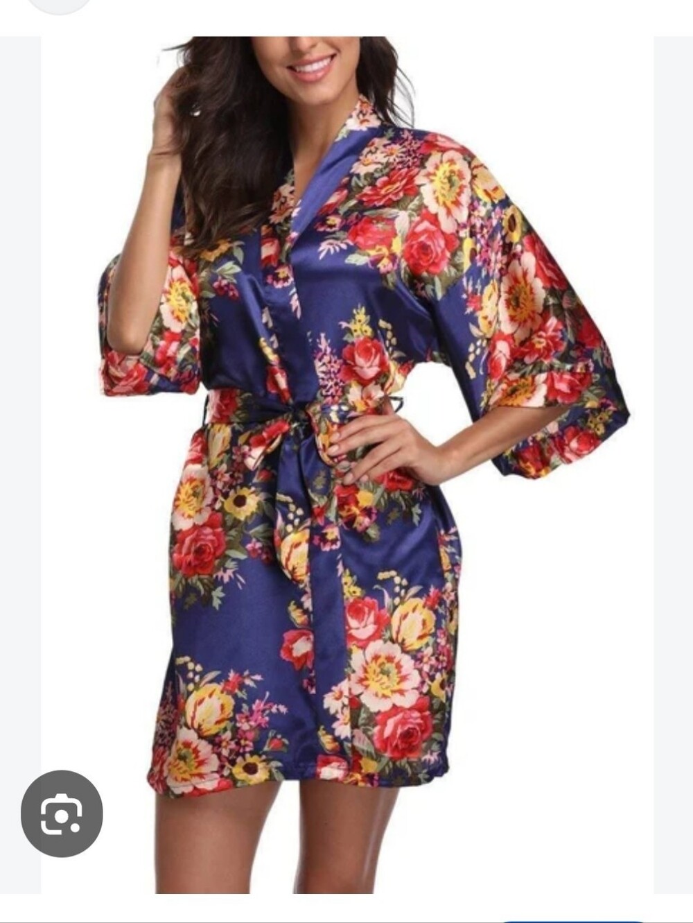 Navy Floral Satin Robe with Belt